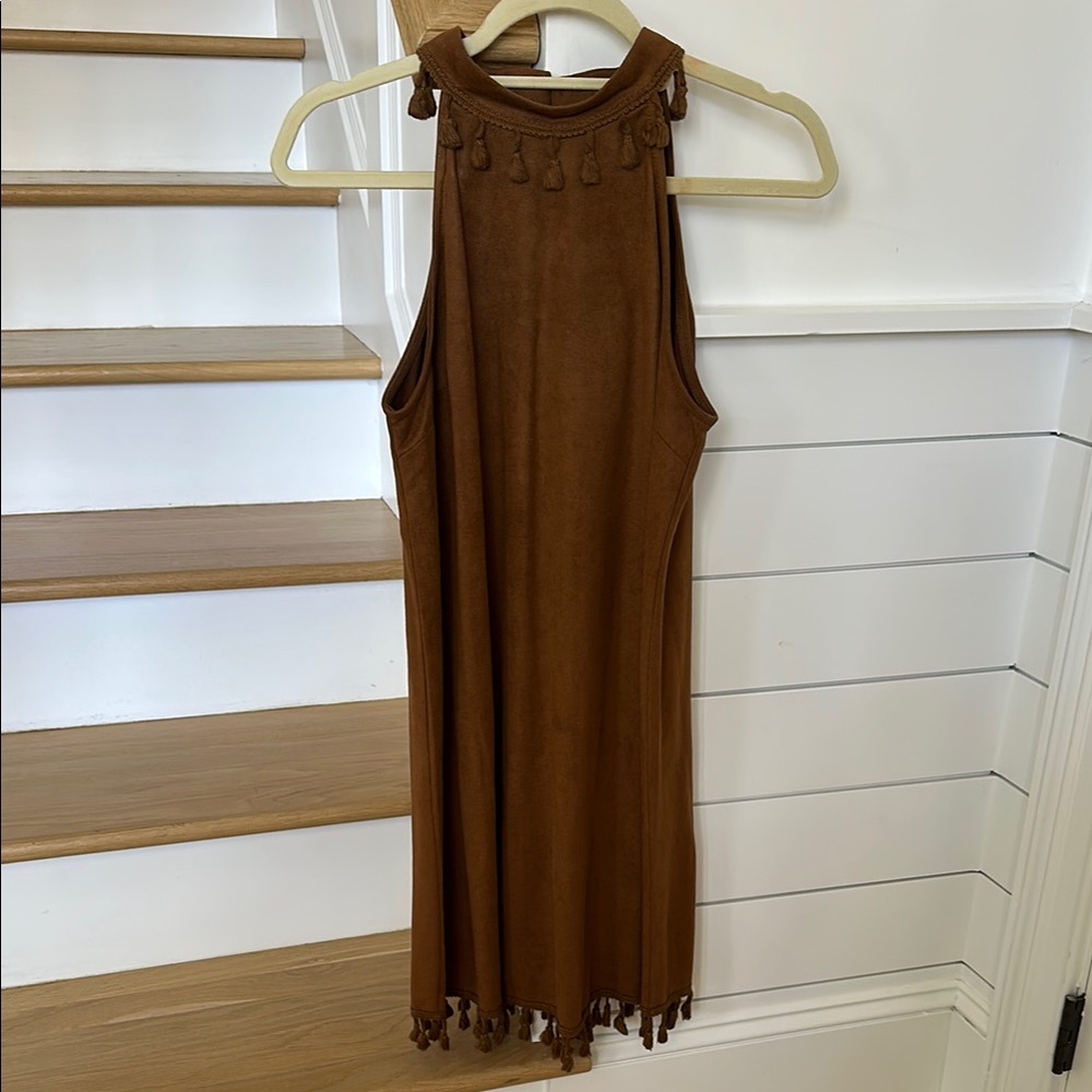 Fringe halter mini dress in cognac microsuede, size S